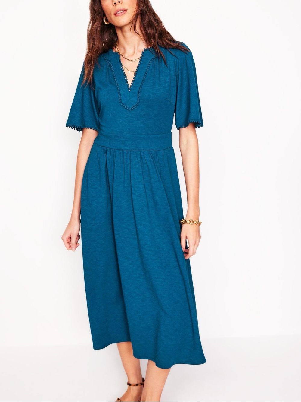 Boden Maddie Trim Jersey Dress V Neck Midi Pom Pom Modest Feminine Blue 4